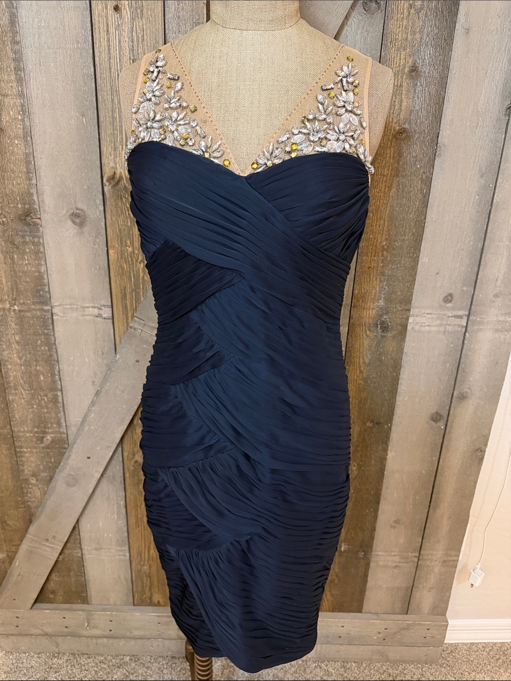 Adrianna Papell Beaded Cocktail Dress Navy Illusion Mesh Ruched Size 10